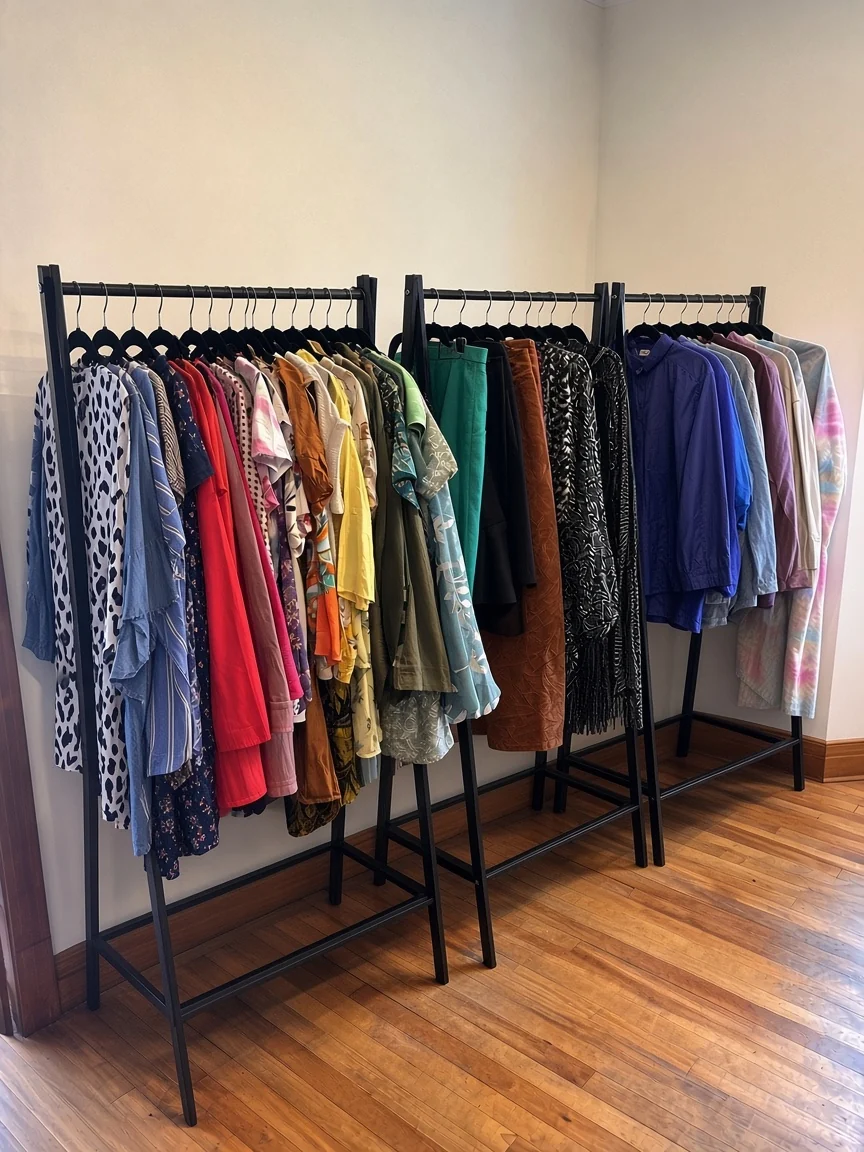 Une sélection colorée de vêtements de seconde main sur des portants